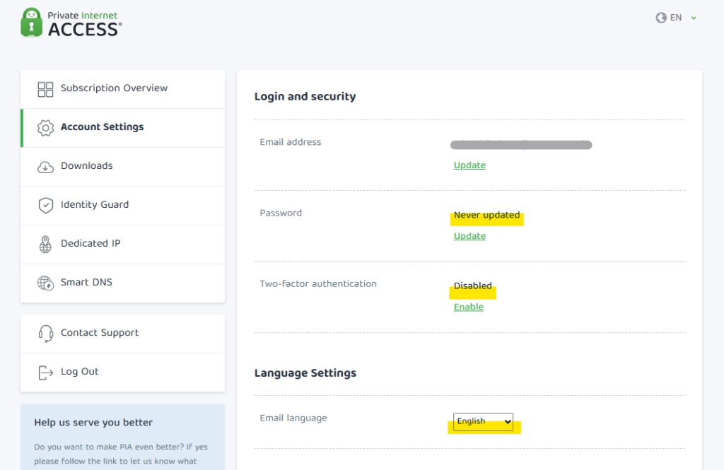 PIA Account settings